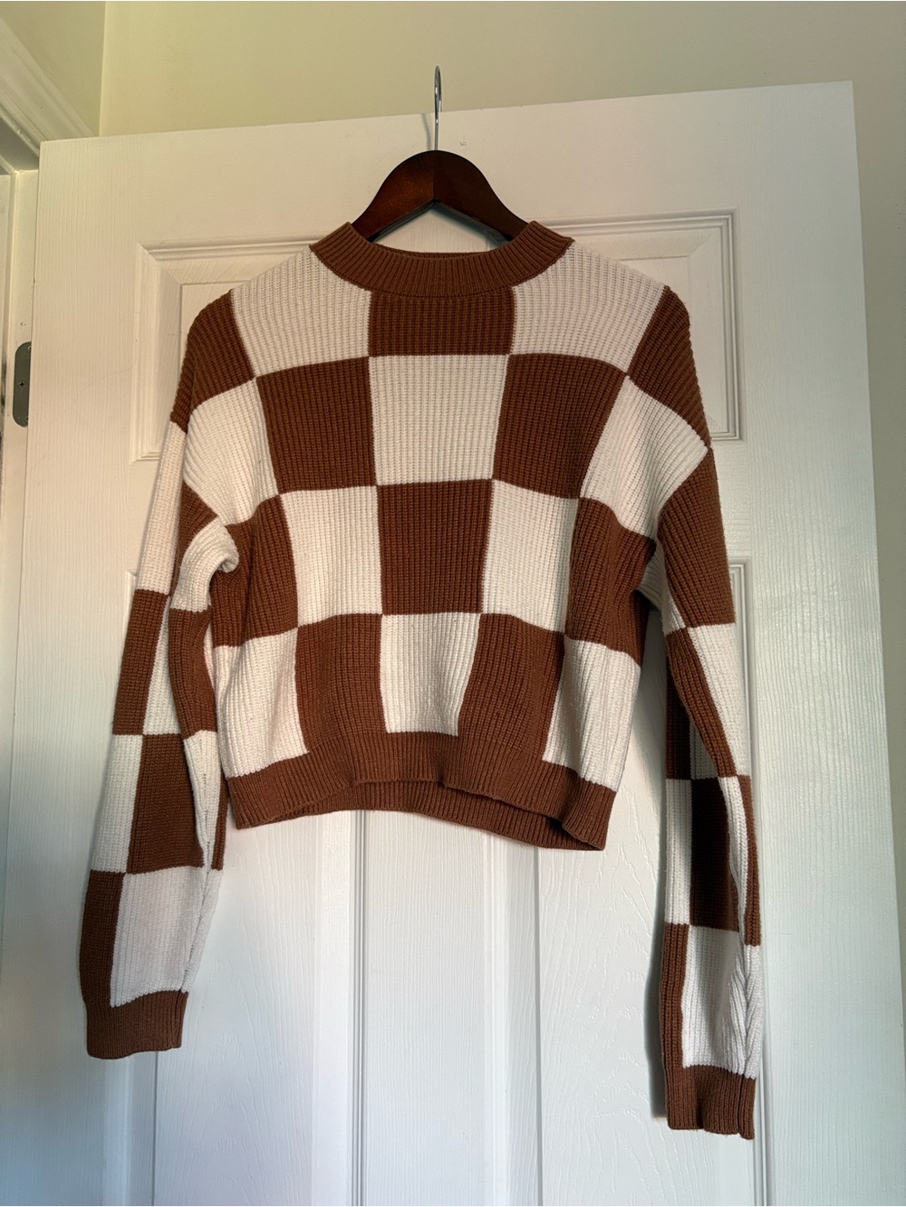 Mango Checkerboard Crewneck Sweater - Brown & White
